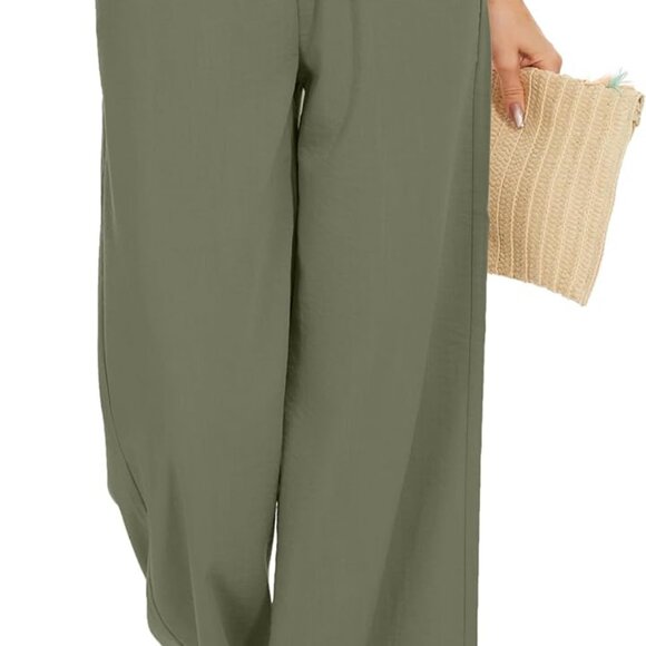 Women Flowy Pants Drawstring Waist Wide Leg Palazzo Beach Pants Loose Fit with P